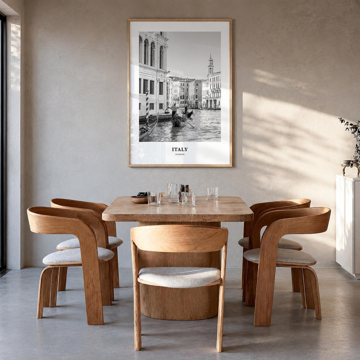 Italy no. 2 black & white classic poster of Europe – vertical wall art in natural wood frame, hanging on wall