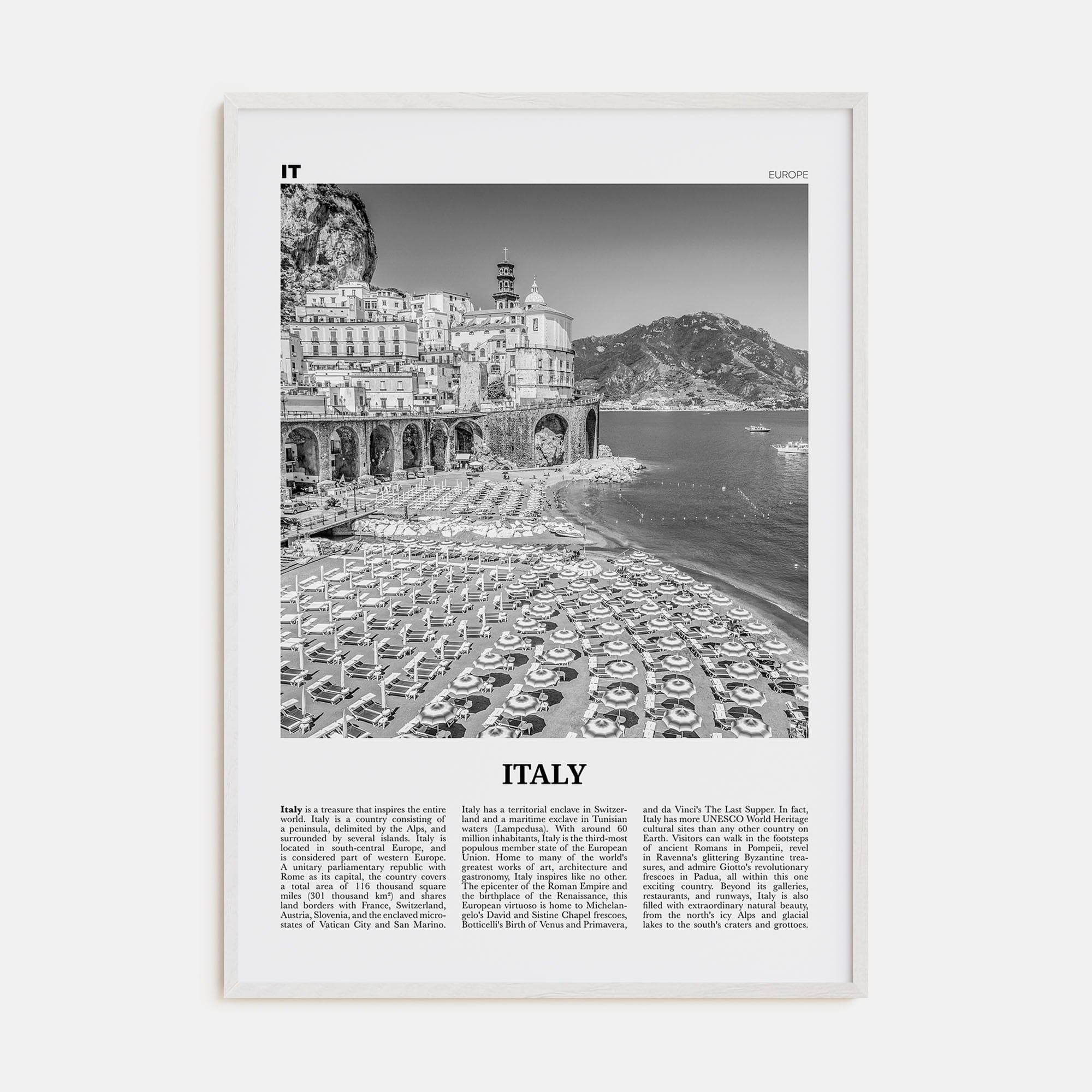 Italy No 2 Poster White Wood / 8x12 in Nbourhood Travel B&W Poster