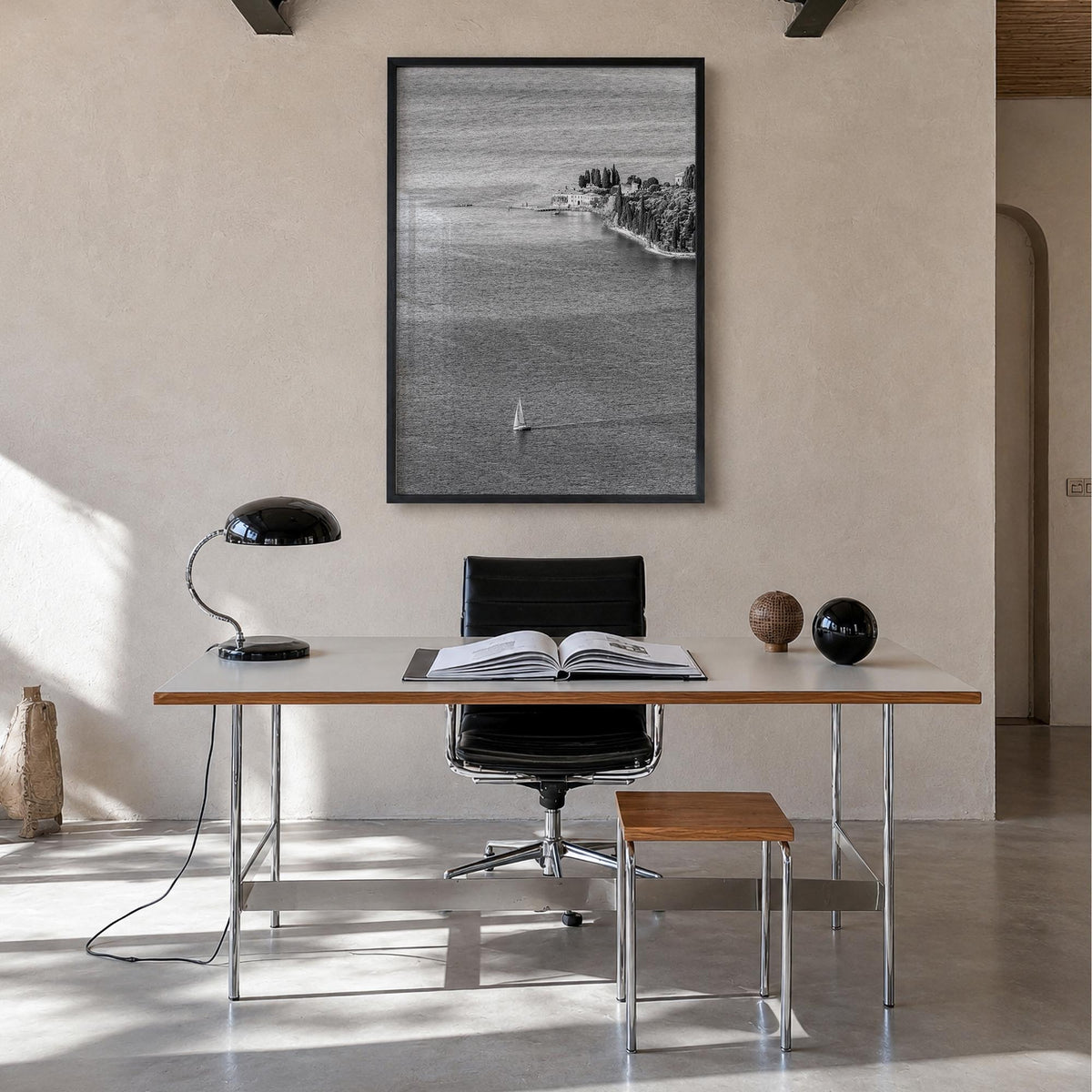 Italy no. 3 black & white photo poster of Europe – vertical wall art in black wood frame, hanging on wall