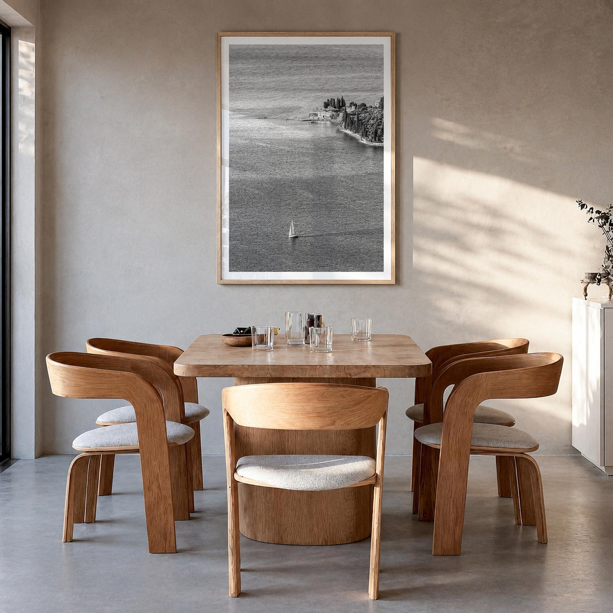 Italy no. 3 black & white photo poster of Europe – vertical wall art in natural wood frame with white border, hanging on wall