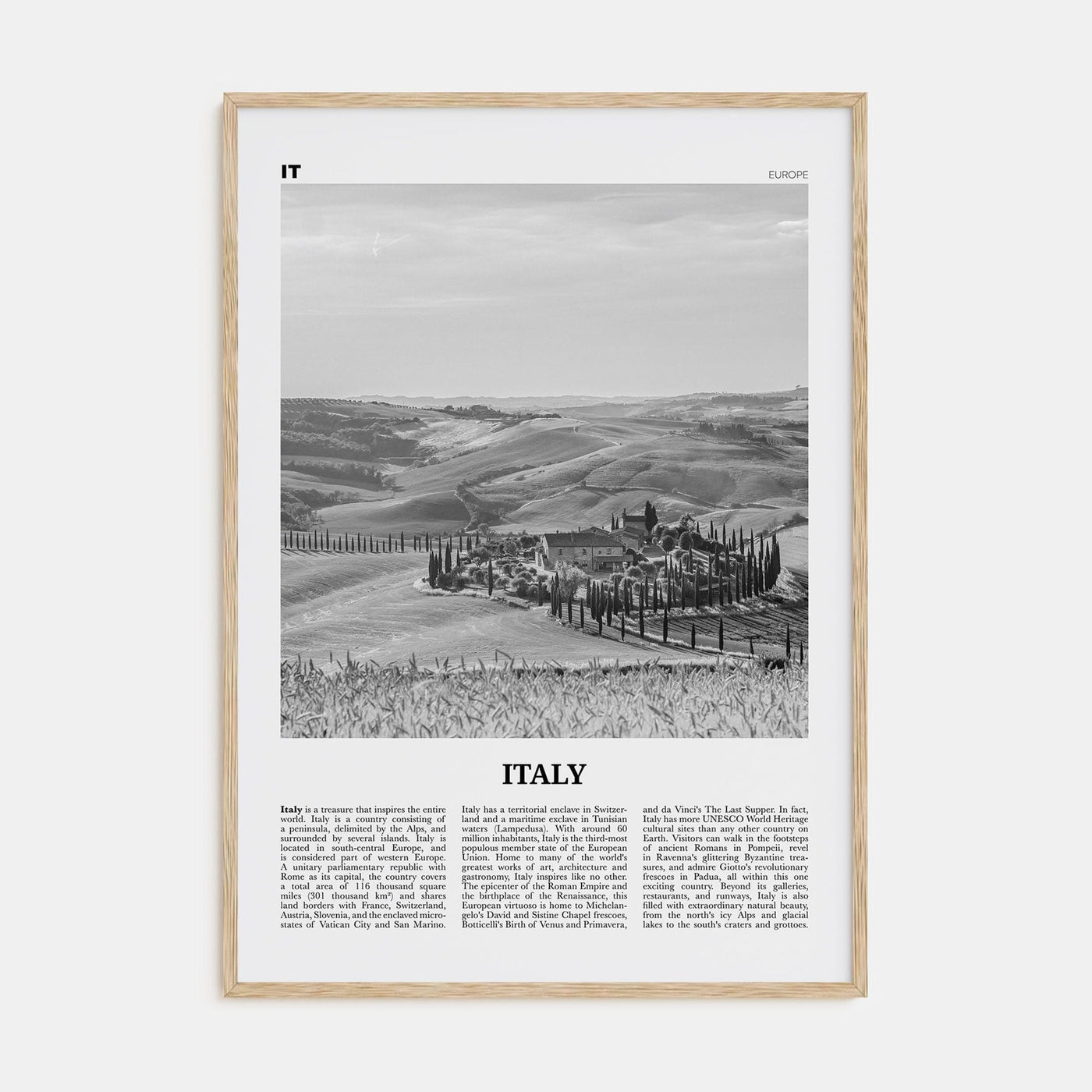 Italy No 3 Poster Natural Wood / 8x12 in Nbourhood Travel B&W Poster