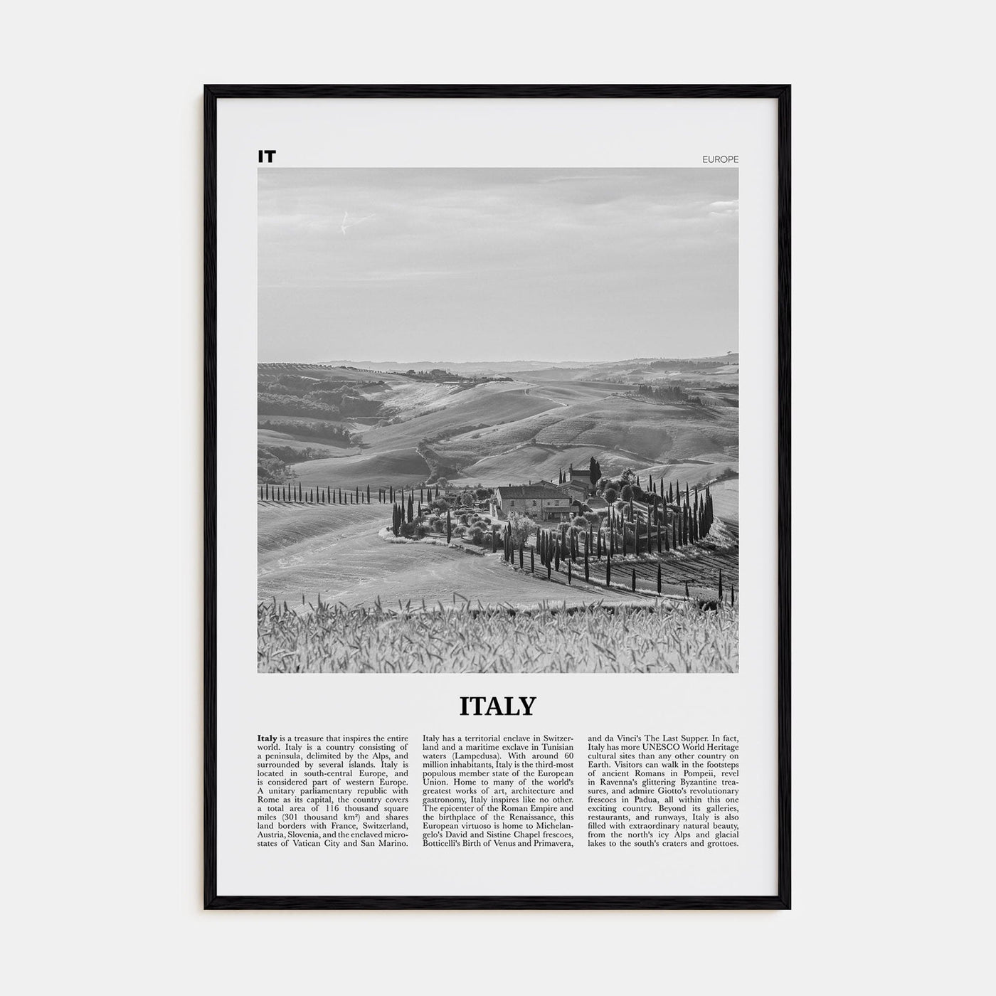 Italy No 3 Poster Black Wood / 8x12 in Nbourhood Travel B&W Poster