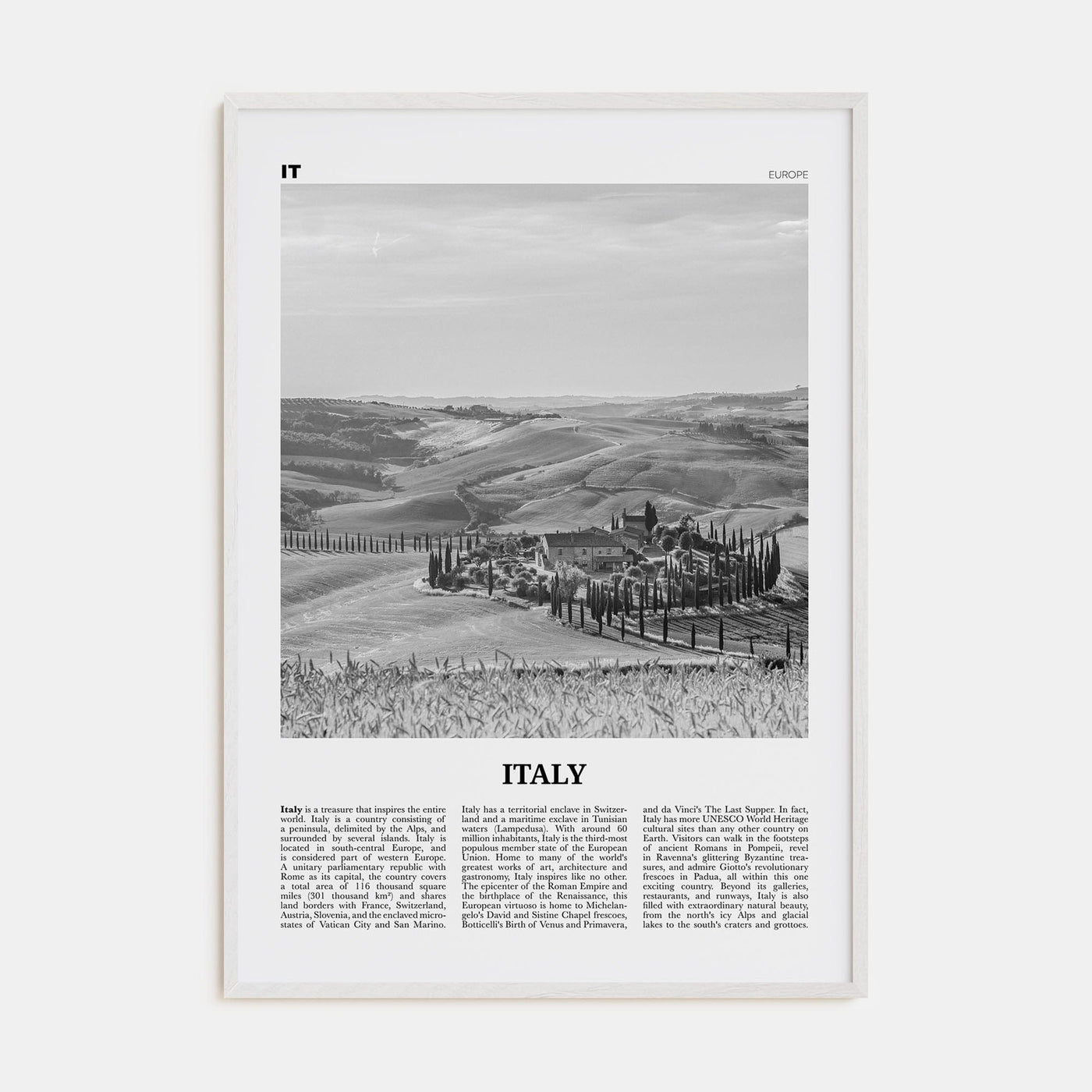 Italy No 3 Poster White Wood / 8x12 in Nbourhood Travel B&W Poster