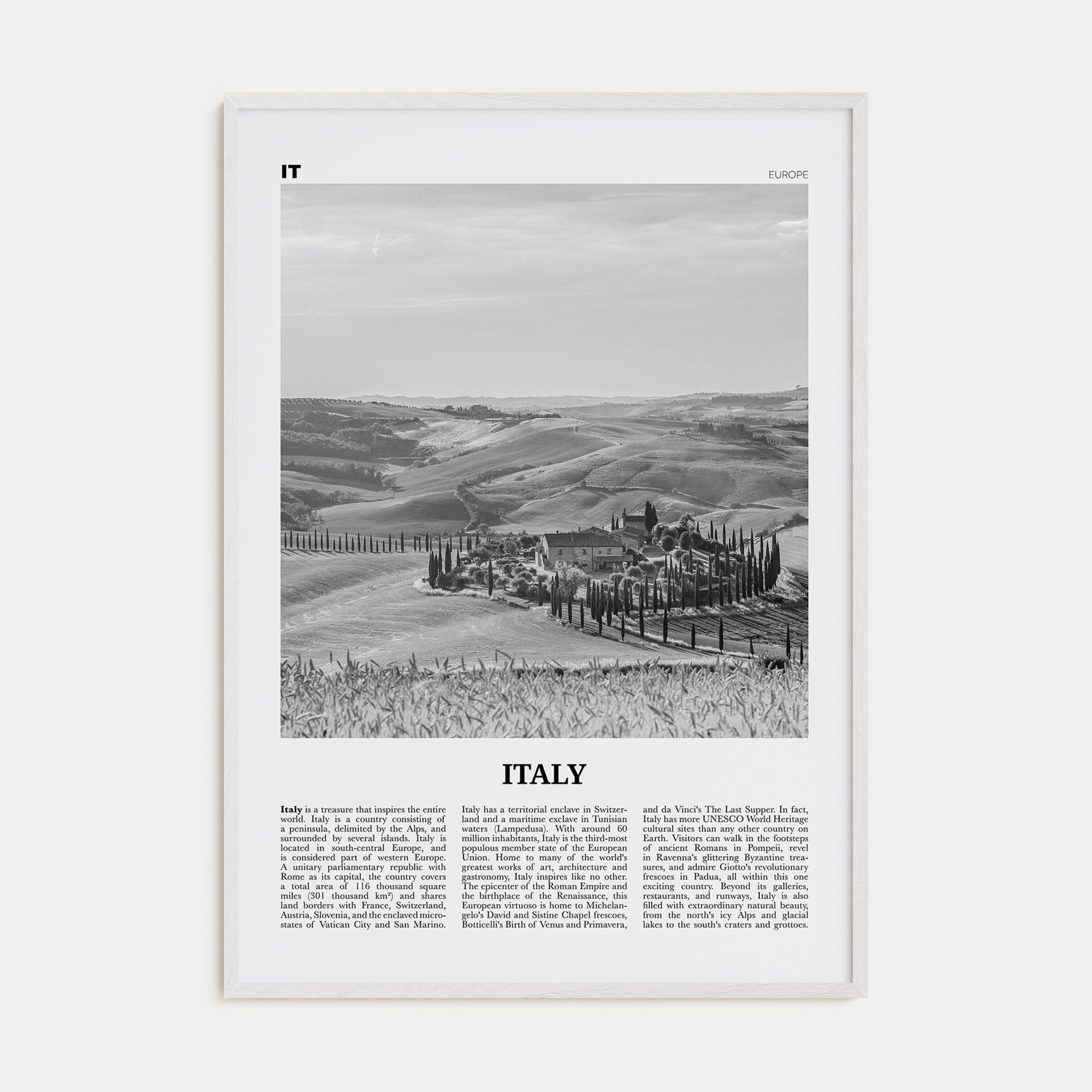 Italy No 3 Poster White Wood / 8x12 in Nbourhood Travel B&W Poster