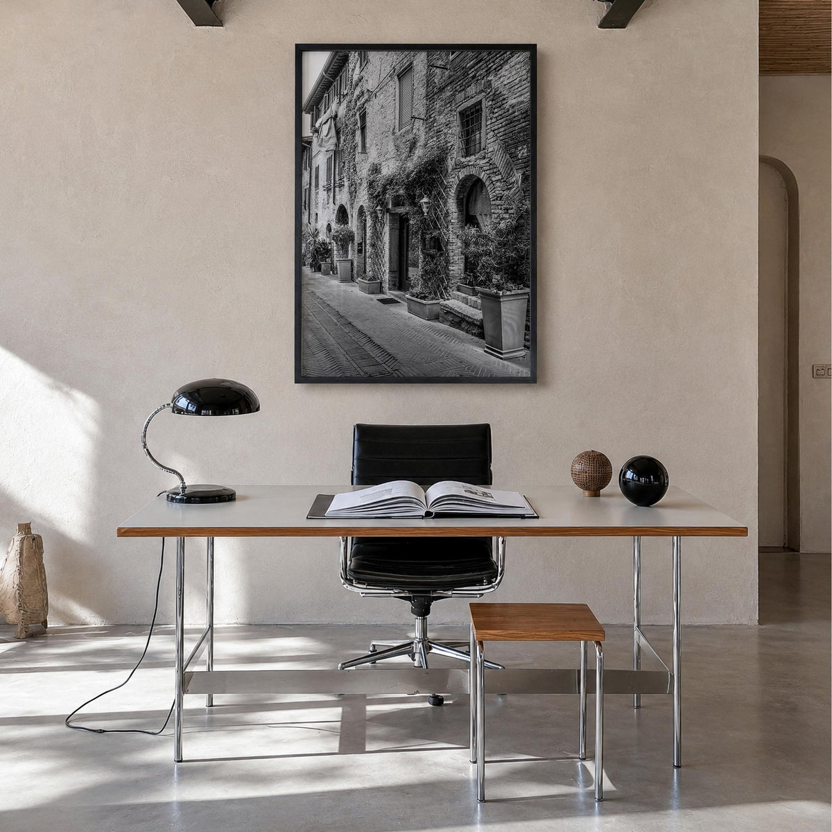Italy no. 4 black & white photo poster of Europe – vertical wall art in black wood frame, hanging on wall