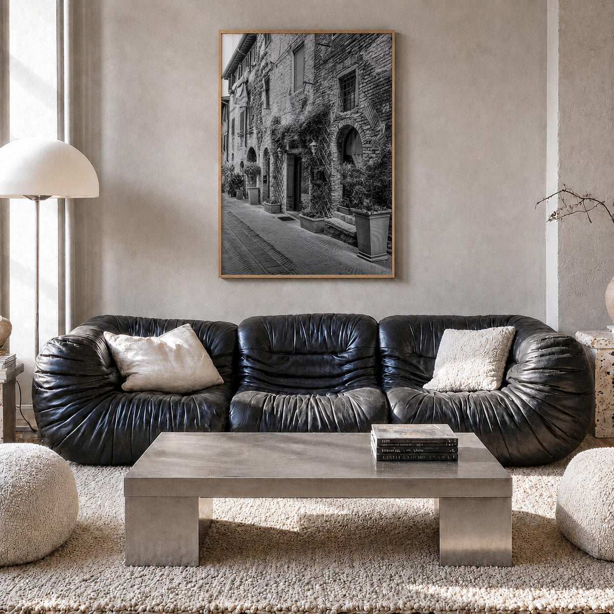 Italy no. 4 black & white photo poster of Europe – vertical wall art in natural wood frame, hanging on wall