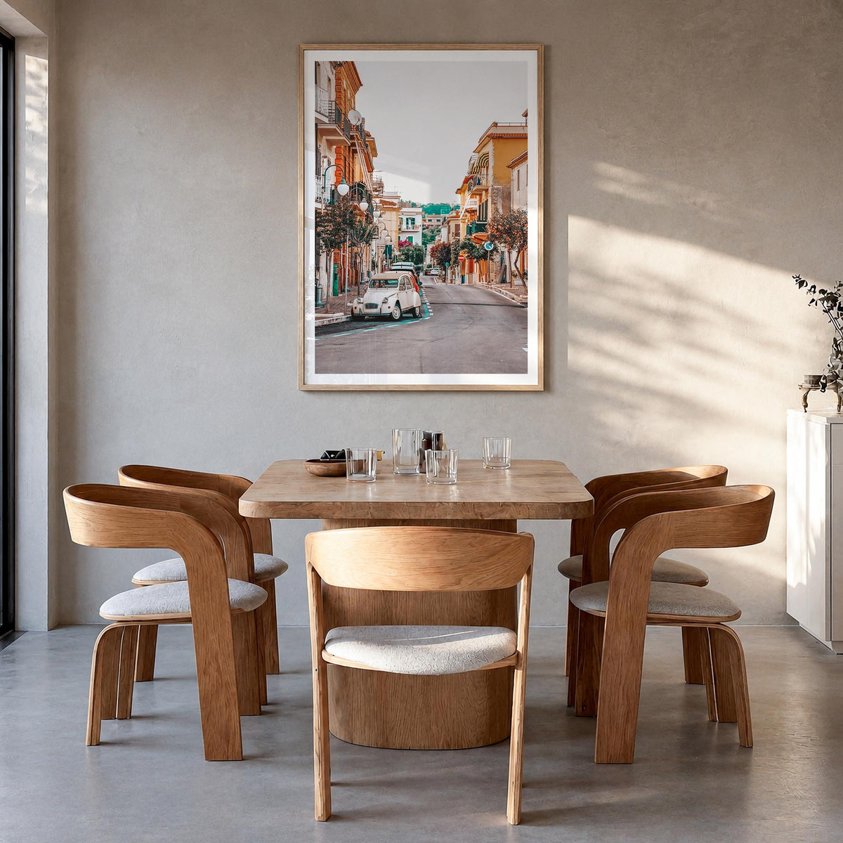 Italy no. 5 colorful photo poster of Europe – vertical wall art in natural wood frame with white border, hanging on wall