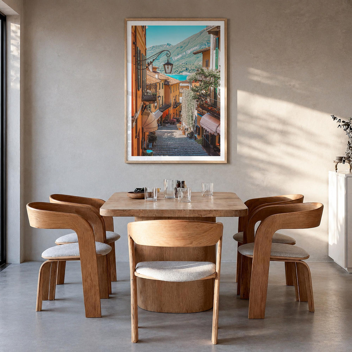 Italy no. 6 colorful photo poster of Europe – vertical wall art in natural wood frame with white border, hanging on wall