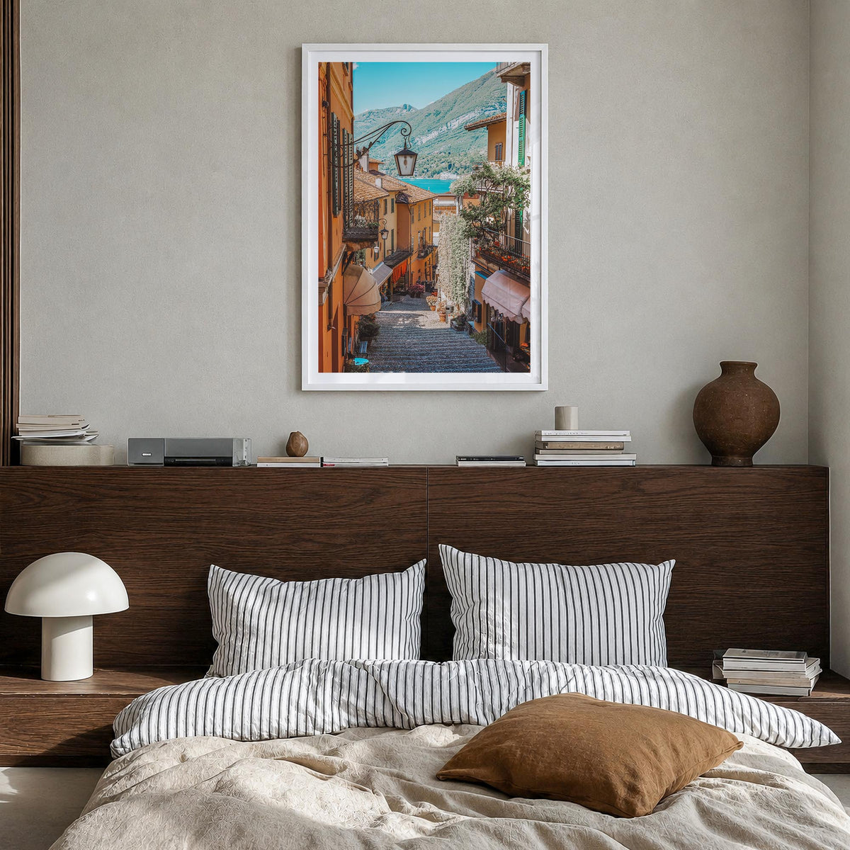 Italy no. 6 colorful photo poster of Europe – vertical wall art in white wood frame with white border, hanging on wall