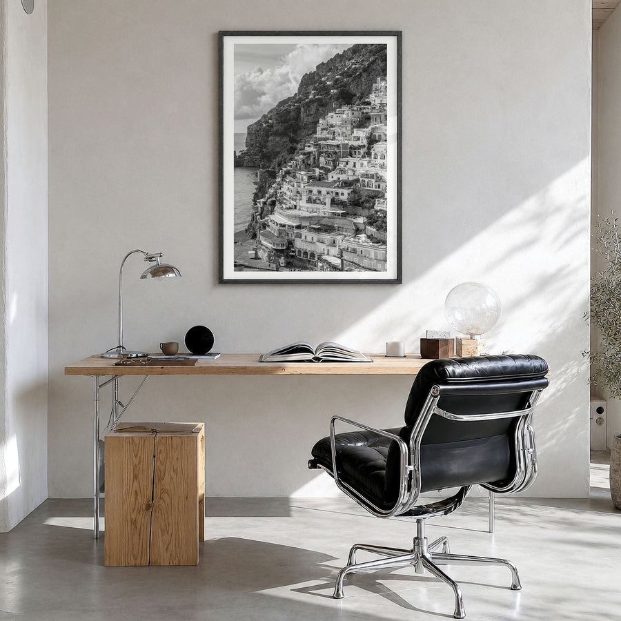 Italy Photo No 1 Poster in a black wood frame, hanging in a bright home office, white border