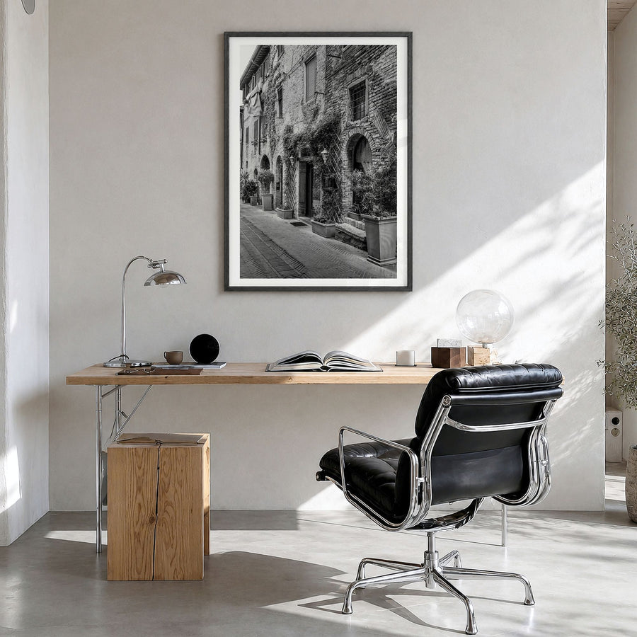 Italy Photo No 4 Poster in a black wood frame, hanging in a bright home office, white border