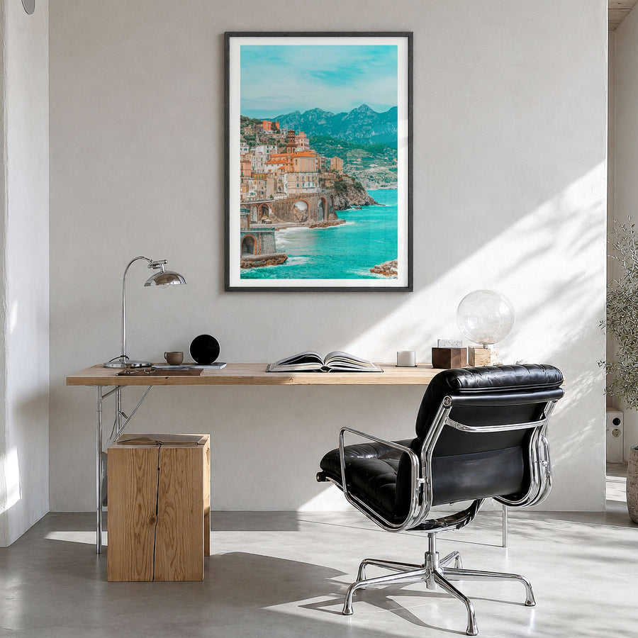 Italy Photo No 1 Poster in a black wood frame, hanging in a bright home office, white border
