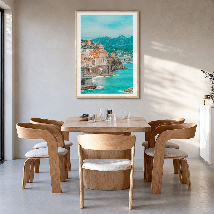 Italy Photo No 1 Poster in a natural wood frame, hanging in a dining room, white border