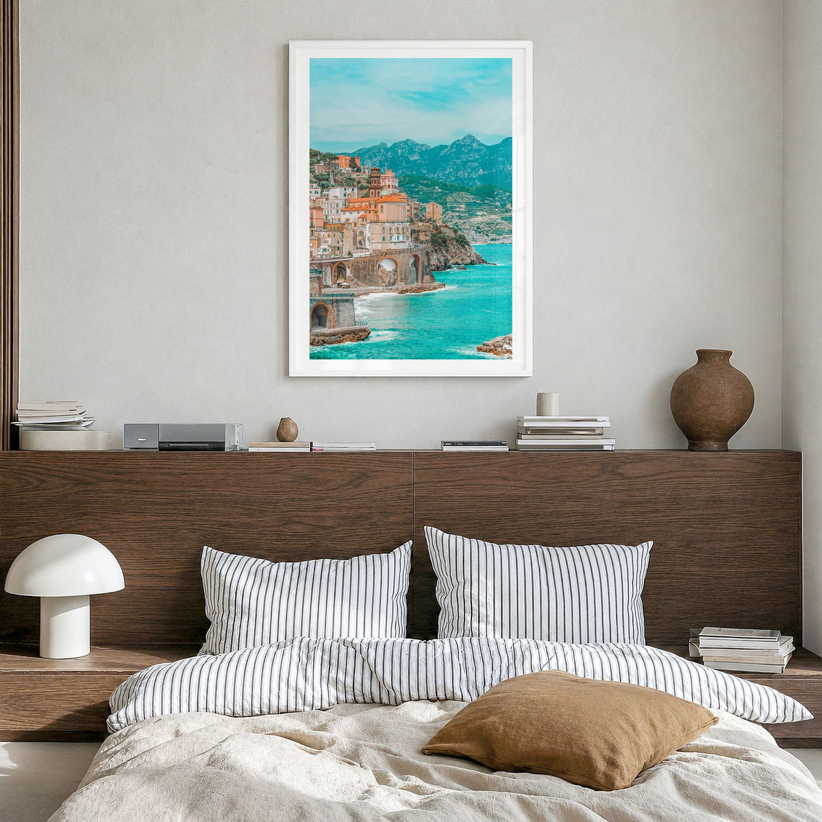Italy Photo No 1 Poster in a white wood frame, hanging in a bedroom, white border