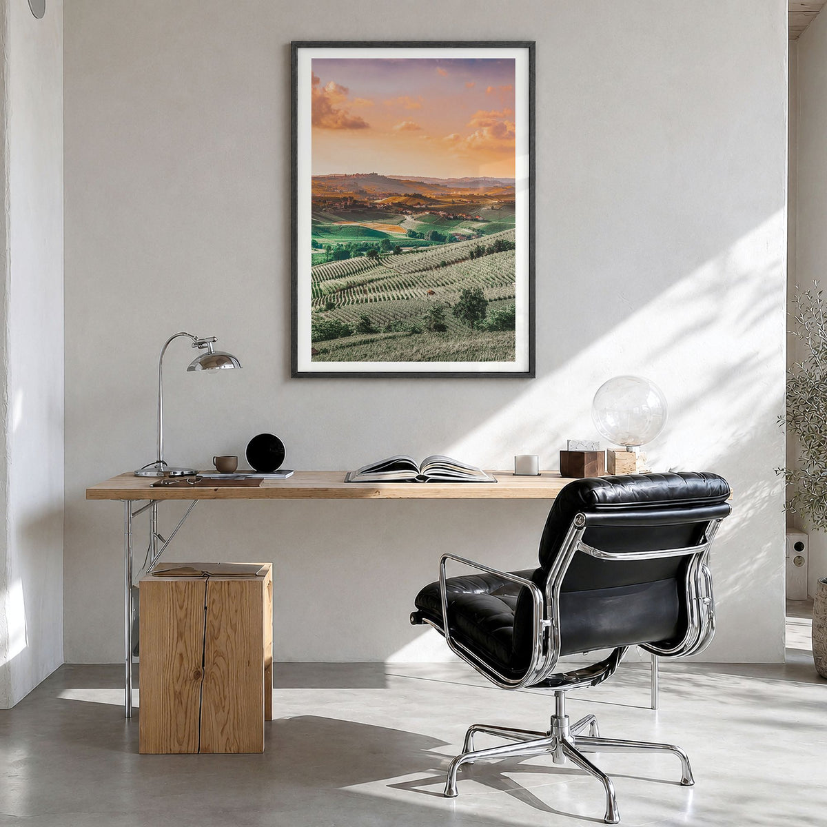 Italy Photo No 2 Poster in a black wood frame, hanging in a bright home office, white border