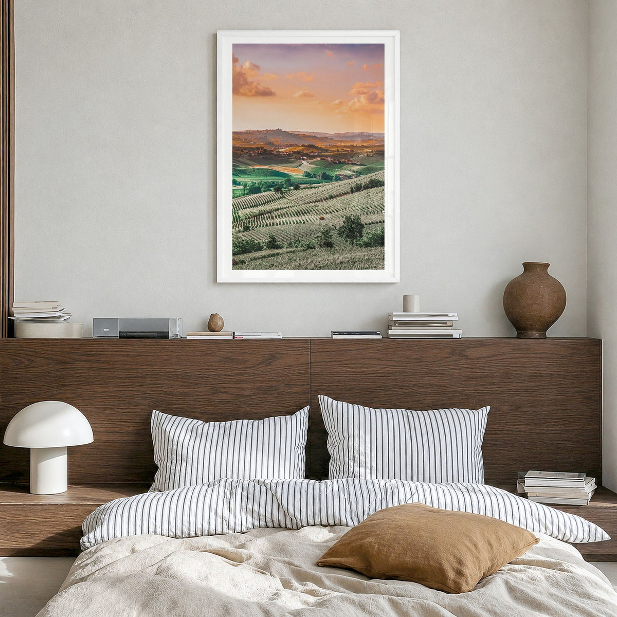Italy Photo No 2 Poster in a white wood frame, hanging in a bedroom, white border