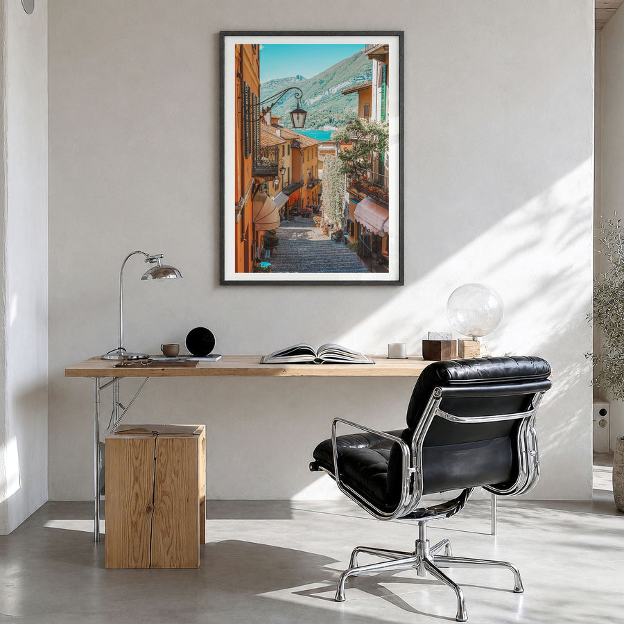 Italy Photo No 6 Poster in a black wood frame, hanging in a bright home office, white border