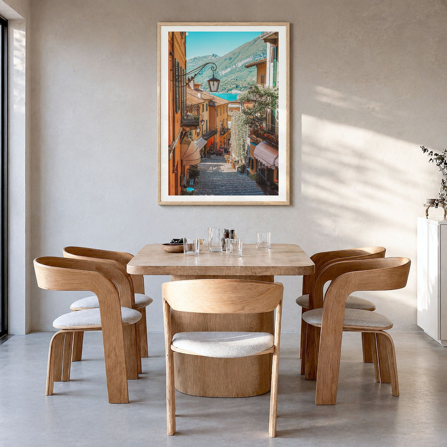 Italy Photo No 6 Poster in a natural wood frame, hanging in a dining room, white border
