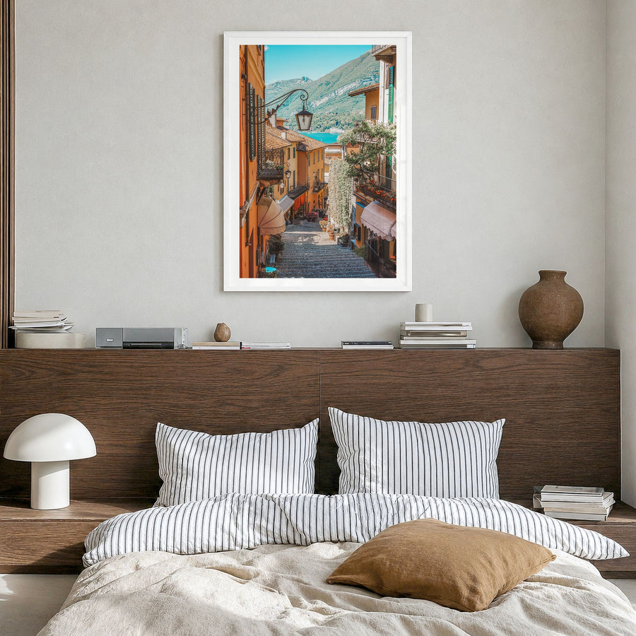 Italy Photo No 6 Poster in a white wood frame, hanging in a bedroom, white border