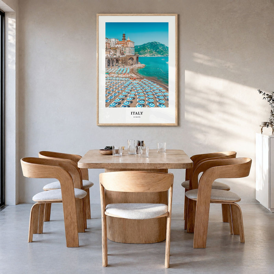Italy Classic Poster in a natural wood frame, hanging in a dining room
