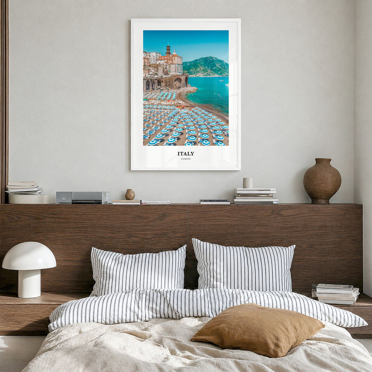 Italy Classic Poster in a white wood frame, hanging in a bedroom