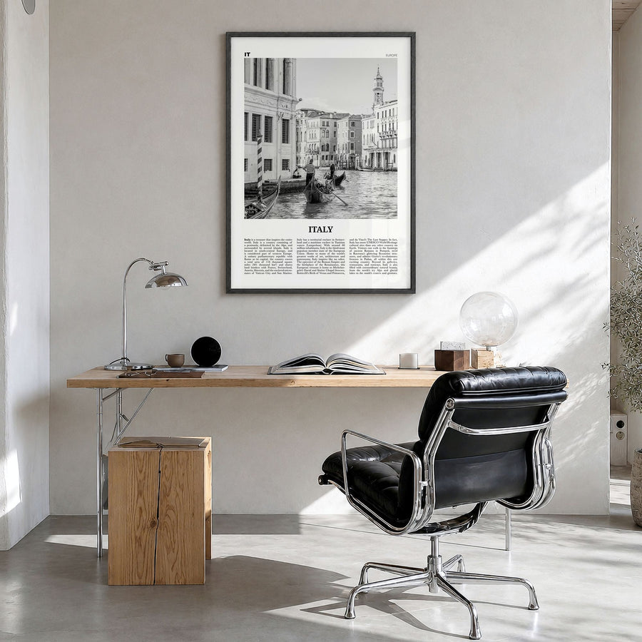 Italy Newspaper No 1 Poster in a black wood frame, hanging in a bright home office