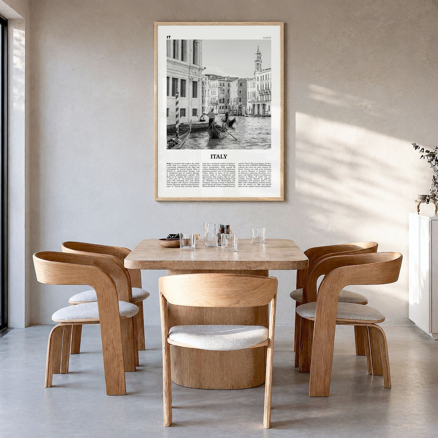 Italy Newspaper No 1 Poster in a natural wood frame, hanging in a dining room
