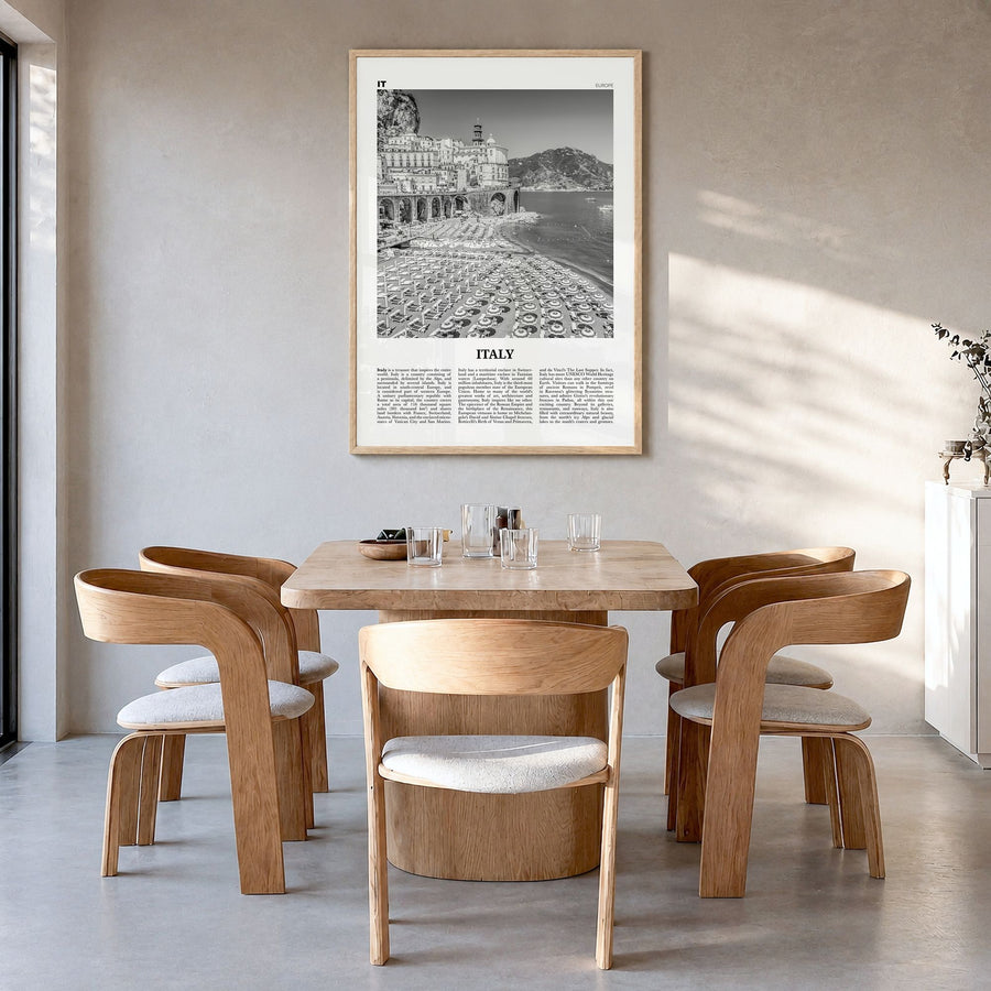 Italy Newspaper No 2 Poster in a natural wood frame, hanging in a dining room