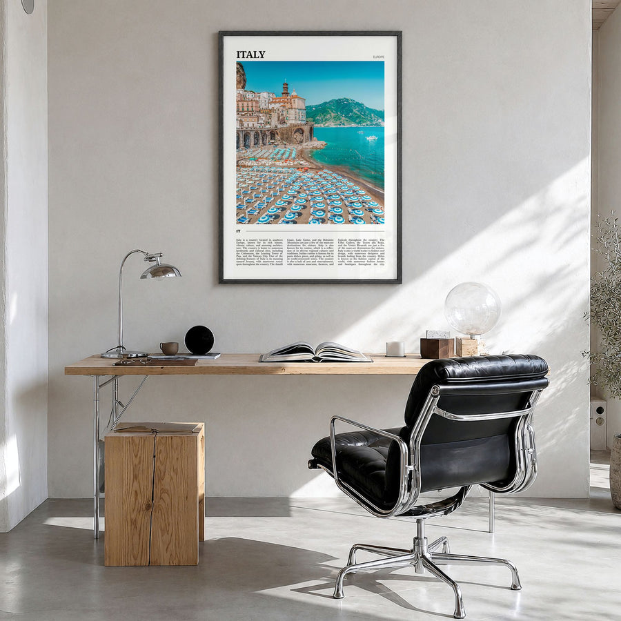 Italy Travel Poster in a black wood frame, hanging in a bright home office
