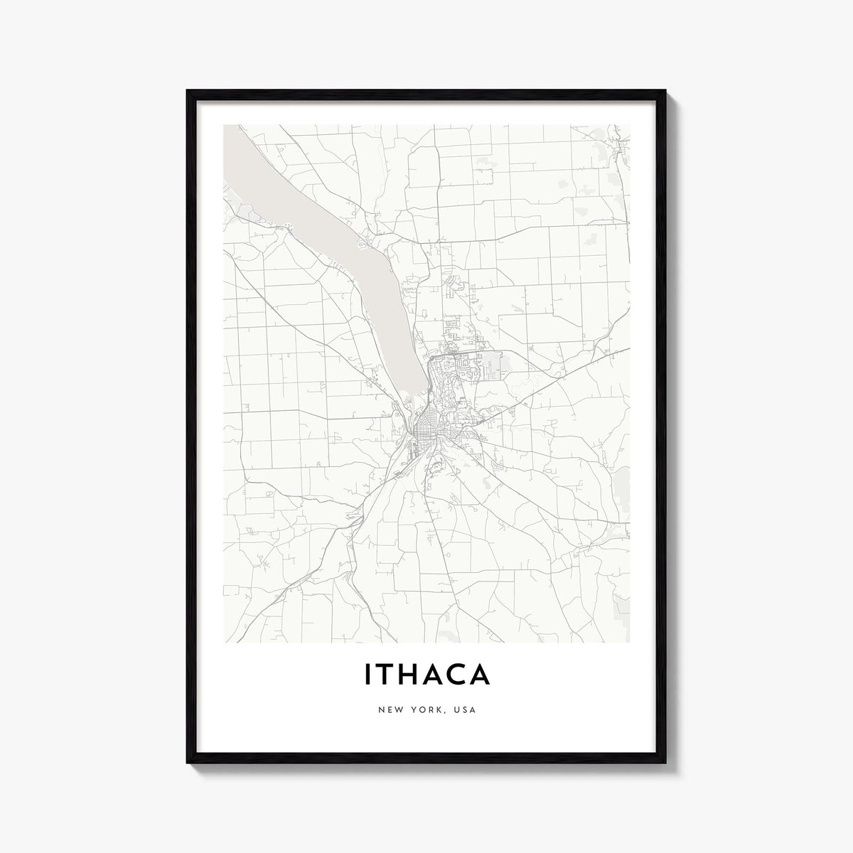 Ithaca black & white map poster of New York, USA – vertical wall art, unframed print shown in interior mockup