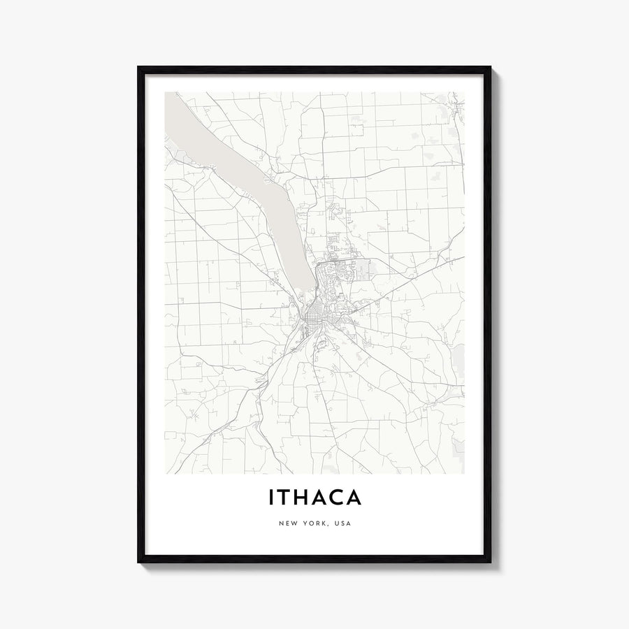 Ithaca black & white map poster of New York, USA – vertical wall art, unframed print shown in interior mockup