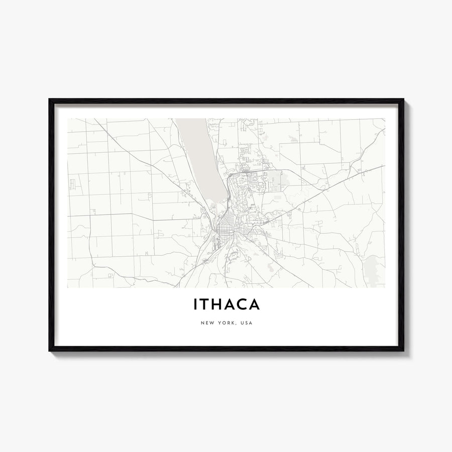 Ithaca black & white map poster of New York, USA – horizontal wall art, unframed print shown in interior mockup