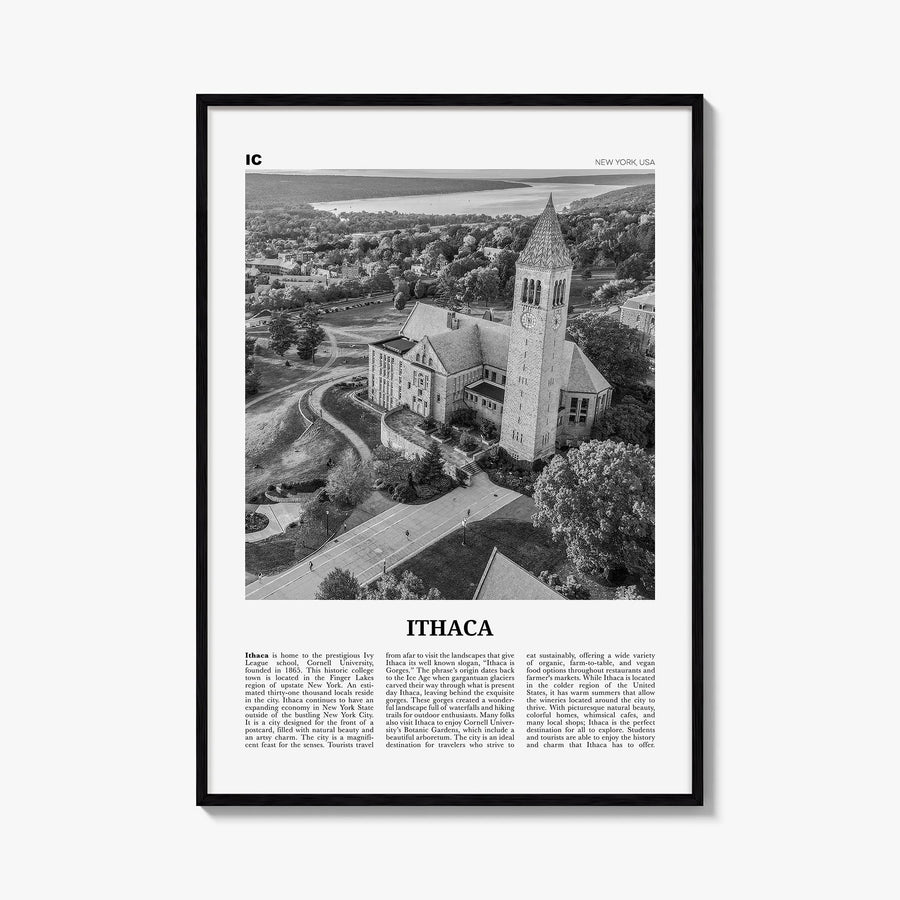 Ithaca black & white newspaper poster of New York, USA – vertical wall art, unframed print shown in interior mockup