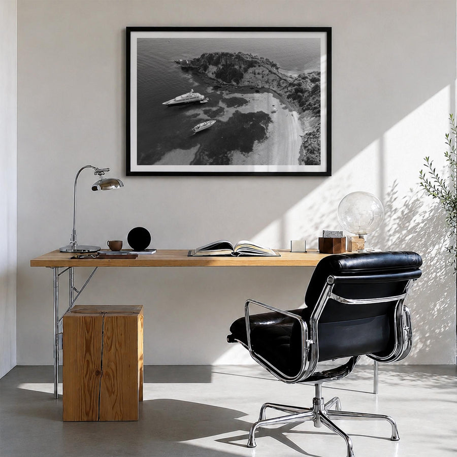 Ithaca black & white photo poster of New York, USA – horizontal wall art in black wood frame with white border, hanging on wa