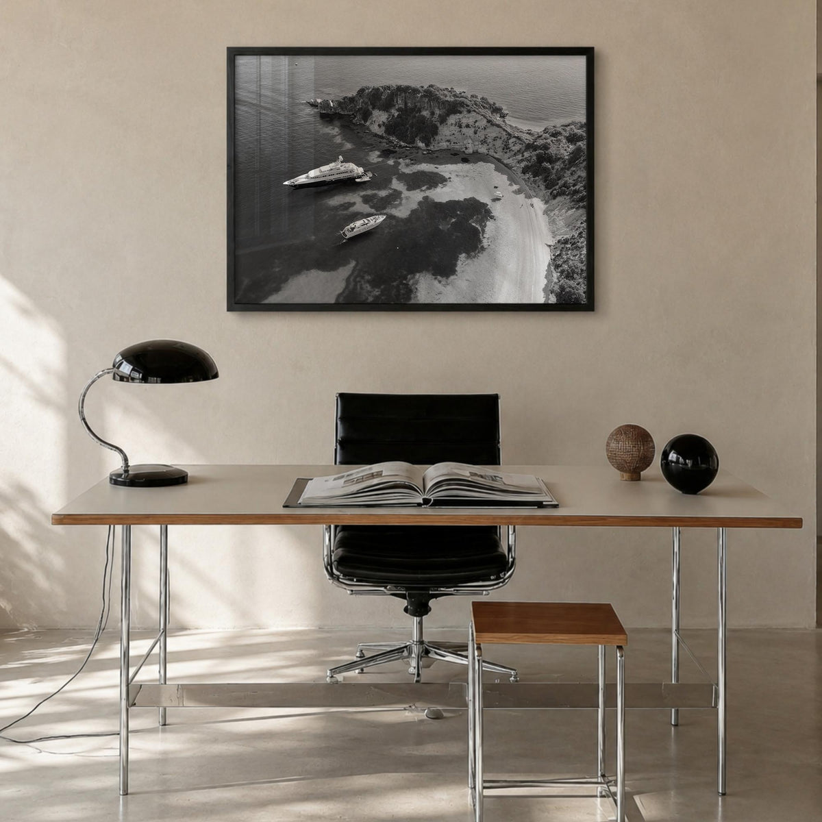 Ithaca black & white photo poster of New York, USA – horizontal wall art in black wood frame, hanging on wall