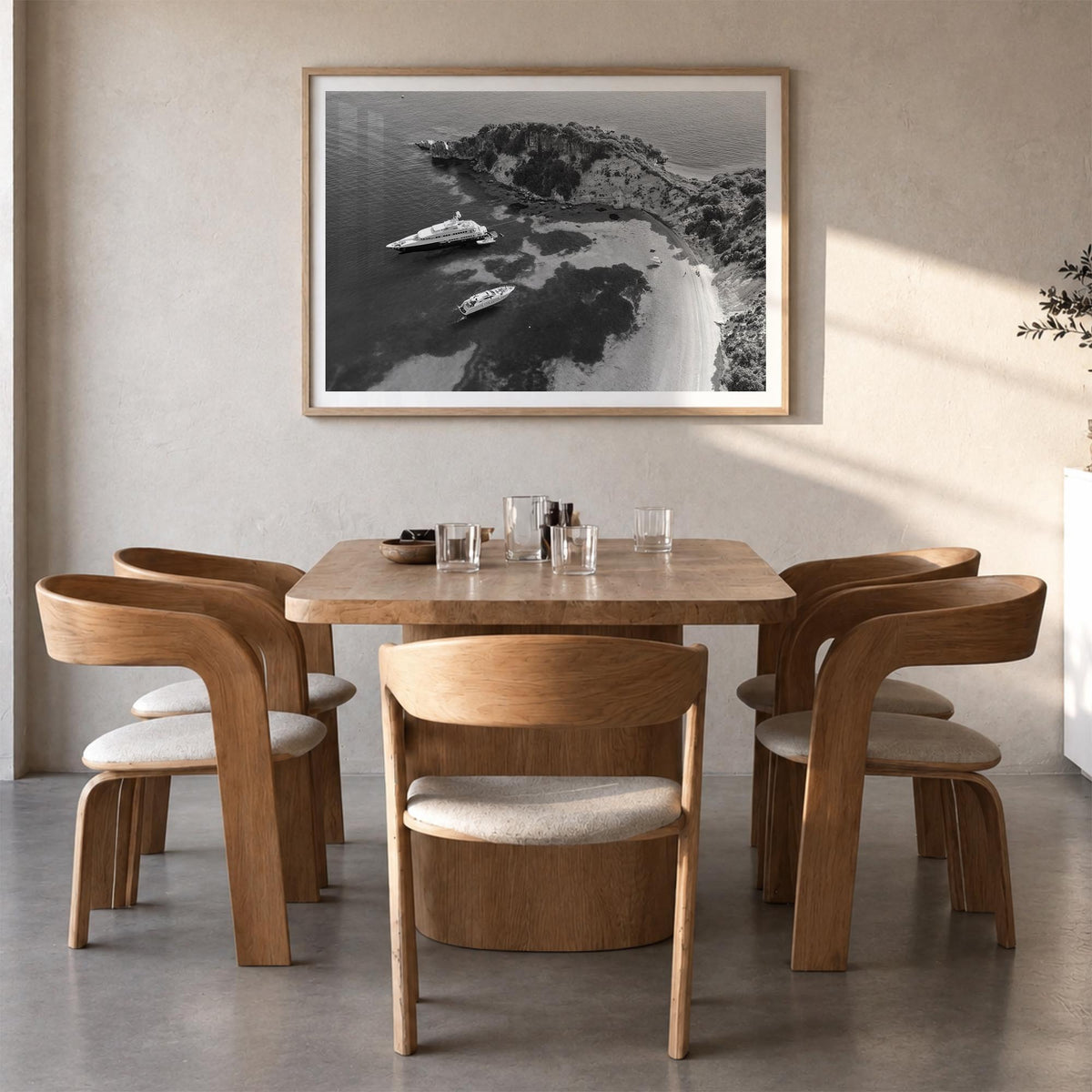 Ithaca black & white photo poster of New York, USA – horizontal wall art in natural wood frame with white border, hanging on 