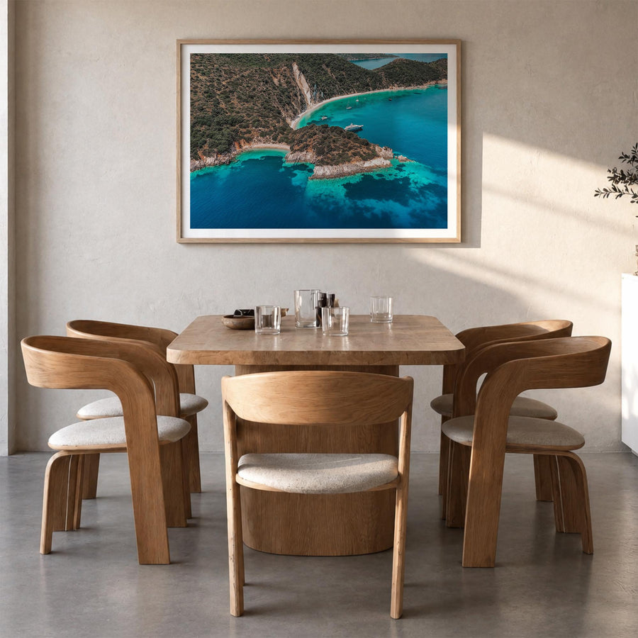 Ithaca colorful photo poster of New York, USA – horizontal wall art in natural wood frame with white border, hanging on wall