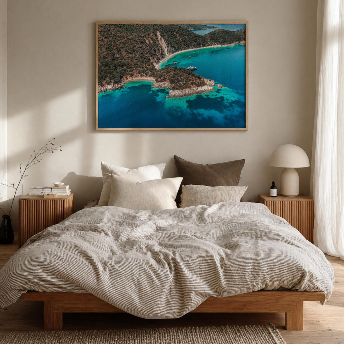 Ithaca colorful photo poster of New York, USA – horizontal wall art in natural wood frame, hanging on wall
