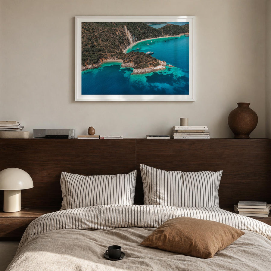 Ithaca colorful photo poster of New York, USA – horizontal wall art in white wood frame with white border, hanging on wall