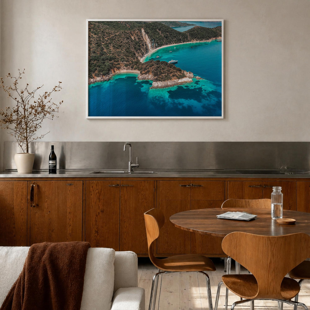 Ithaca colorful photo poster of New York, USA – horizontal wall art in white wood frame, hanging on wall