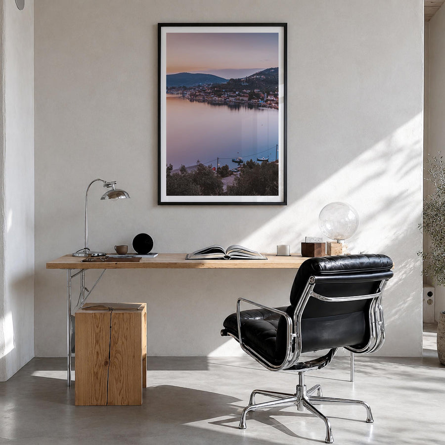 Ithaca no. 1 colorful photo poster of New York, USA – vertical wall art in black wood frame with white border, hanging on wal
