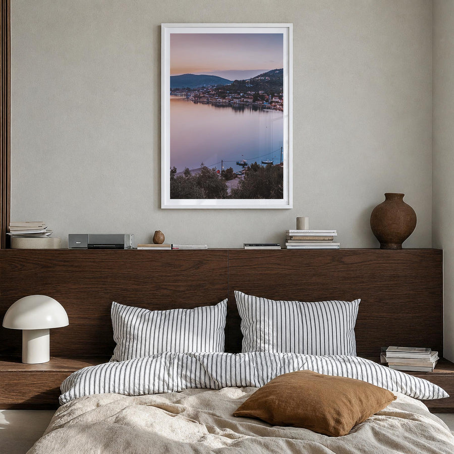 Ithaca no. 1 colorful photo poster of New York, USA – vertical wall art in white wood frame with white border, hanging on wal
