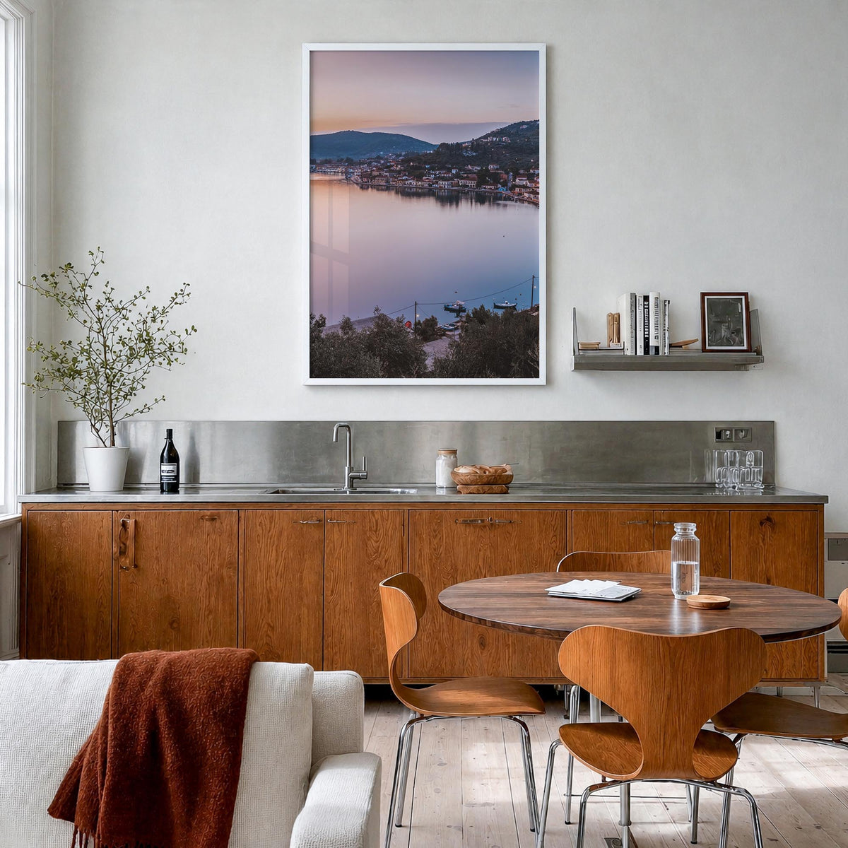 Ithaca no. 1 colorful photo poster of New York, USA – vertical wall art in white wood frame, hanging on wall