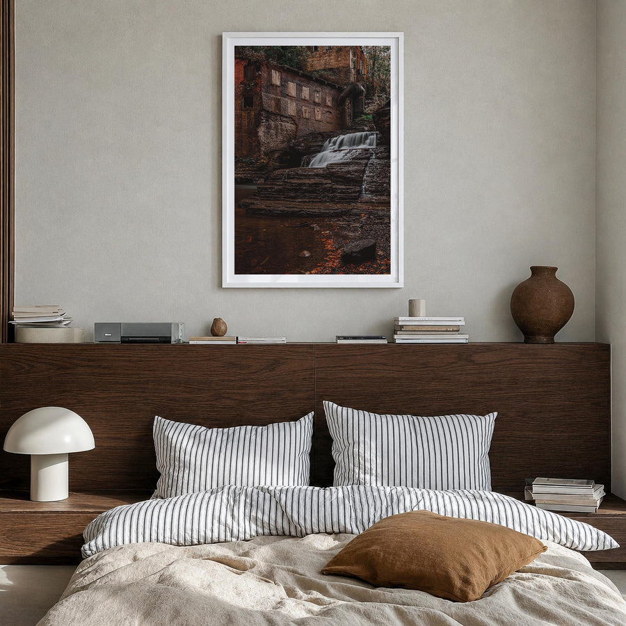 Ithaca no. 2 colorful photo poster of New York, USA – vertical wall art in white wood frame with white border, hanging on wal