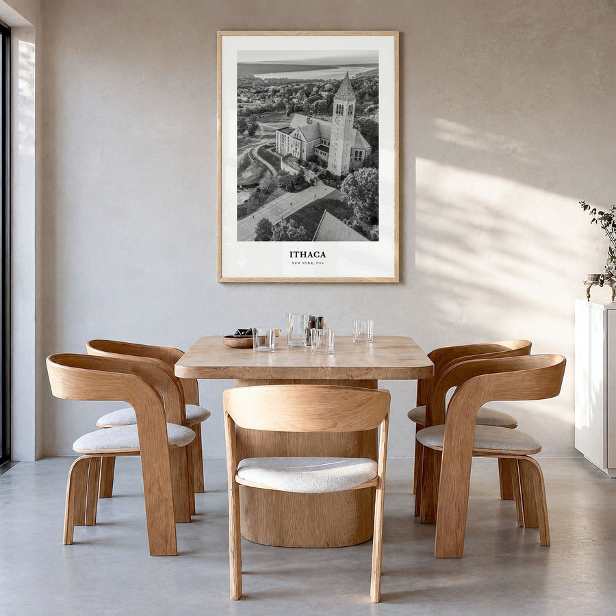 Ithaca Classic Poster in a natural wood frame, hanging in a dining room