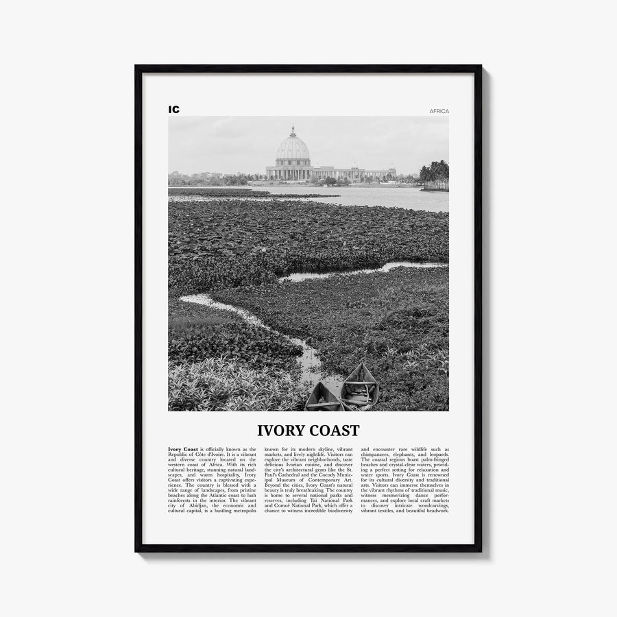 Ivory Coast black & white newspaper poster of Côte d'Ivoire – vertical wall art, unframed print shown in interior mockup