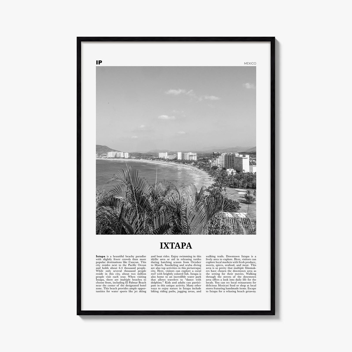 Ixtapa black & white newspaper poster of Mexico – vertical wall art, unframed print shown in interior mockup