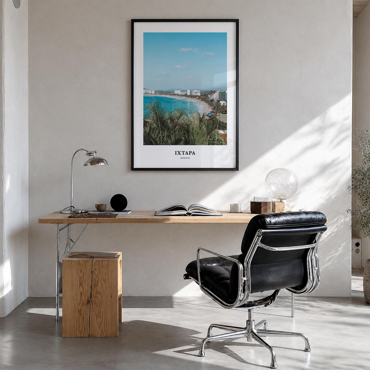 Ixtapa colorful classic poster of Mexico – vertical wall art in black wood frame, hanging on wall