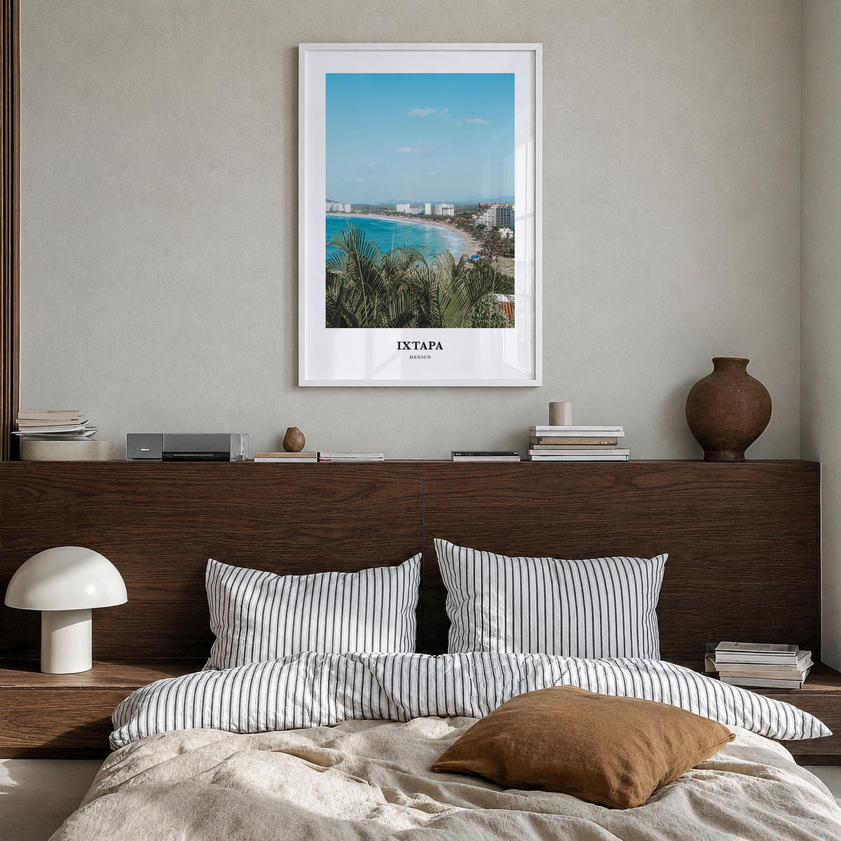 Ixtapa colorful classic poster of Mexico – vertical wall art in white wood frame, hanging on wall