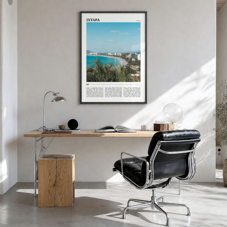 Ixtapa Travel Poster in a black wood frame, hanging in a bright home office